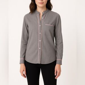 Rose and Rose 100% Cotton Straight Collar Pink Ribbon Trim Button Down Medium